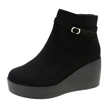 GHSOHS Boots for Women Women s Mid Calf Boots Ankle Booties Shoes Ankle Boot Fall Winter Short Boots for Women Round Toe Wedge Heel Large Size Black Boots Thick Sole Wedge Heel Platform Boots Size 42