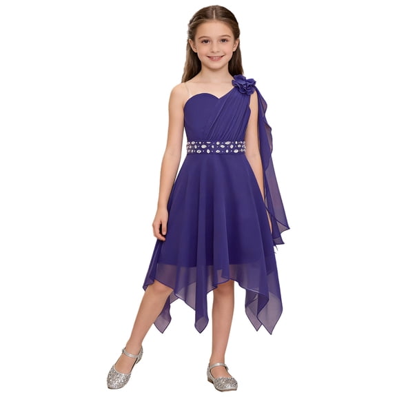 renvena Girls Kids One Shoulder Flower Dress Pleated Chiffon Wedding Bridesmaid Pageant Prom Ball Gown Purple 6