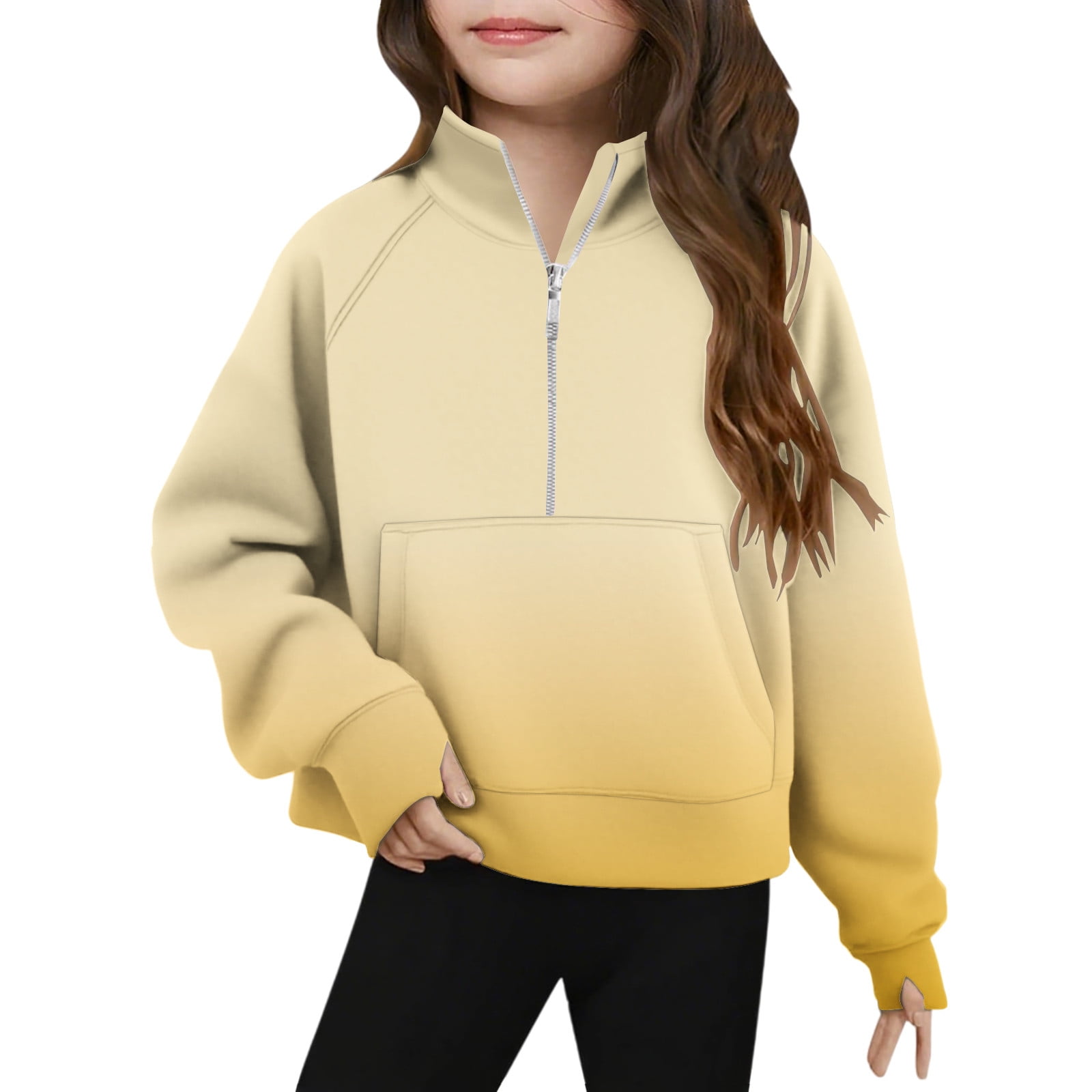 UAMVSH Gradient Girls Boys Sweatshirts Trendy Half Zip Long Sleeve Stand Collar Fleece Pullover Tops with Thumb Holes Unisex Clothes(13-14Years Yellow 1)