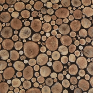 Dundee Deco Peel and Stick Self Adhesive Wallpaper - Distressed Wooden Brown, Beige Cut Logs , 18 ft x 18 in