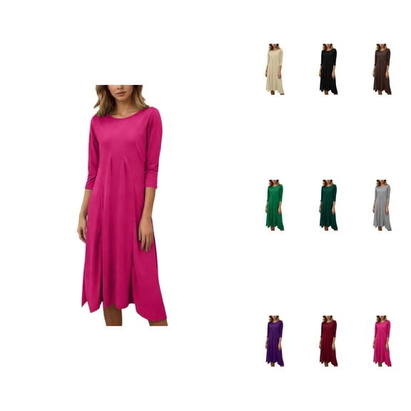 Women’s Elegant Knit Midi Dress with Crew Neck and 3/4 Sleeves, Soft Solid Stretch Fabric for Casual Wear, Loose Fit Comfortable Outfit for Spring, Summer, and Holiday Events