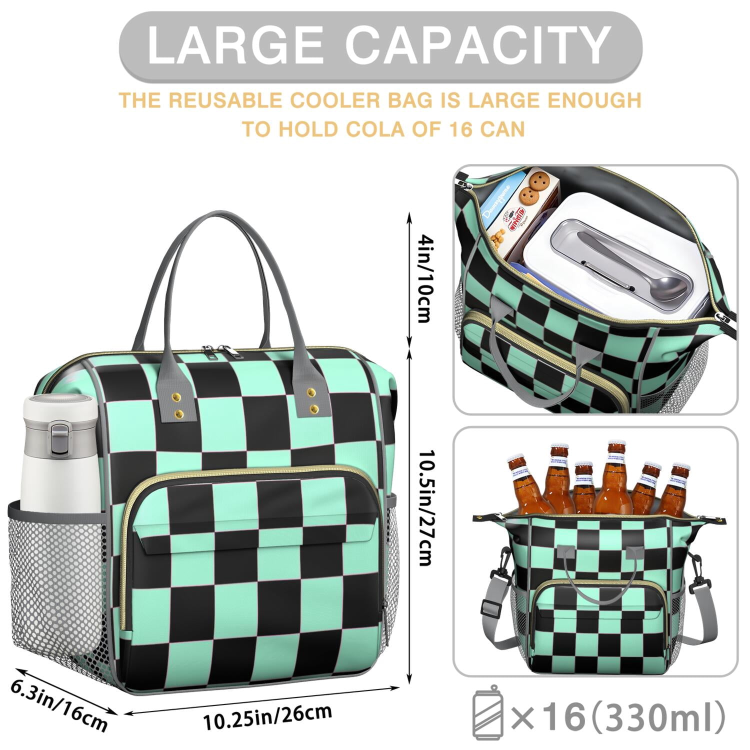 Colorful Checkered Leakproof Lunch Box - Large Insulated Cooler Bag with Multi-Pocket for School, Office & Travel