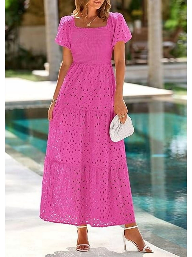 pink summer dress with sleeves Short Pink Cotton Summer with Short Puff Sleeves Pink / Large