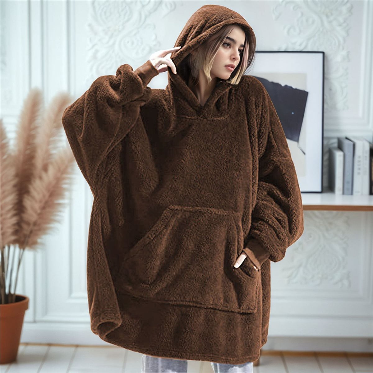 Oversized Blanket Hoodie Sweatshirt, Wearable Lounging Pullover for Adults Women Men Brown One size