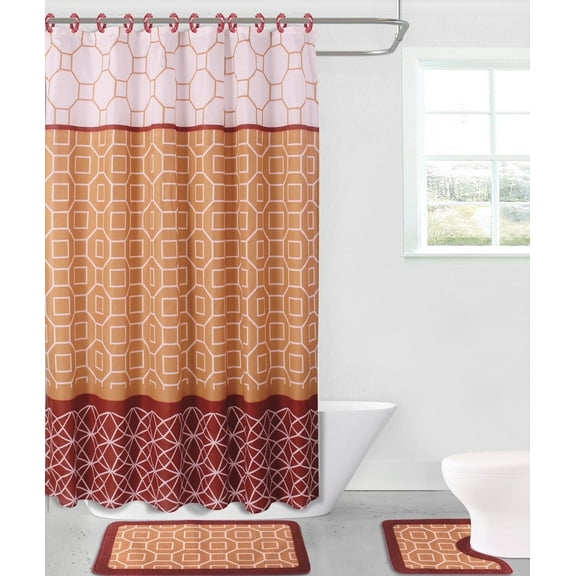 15-piece Hotel Bathroom Sets - 2 Non-Slip Bath Mats Rugs Fabric Shower Curtain 12-Hooks BURGUNDY DIAMOND