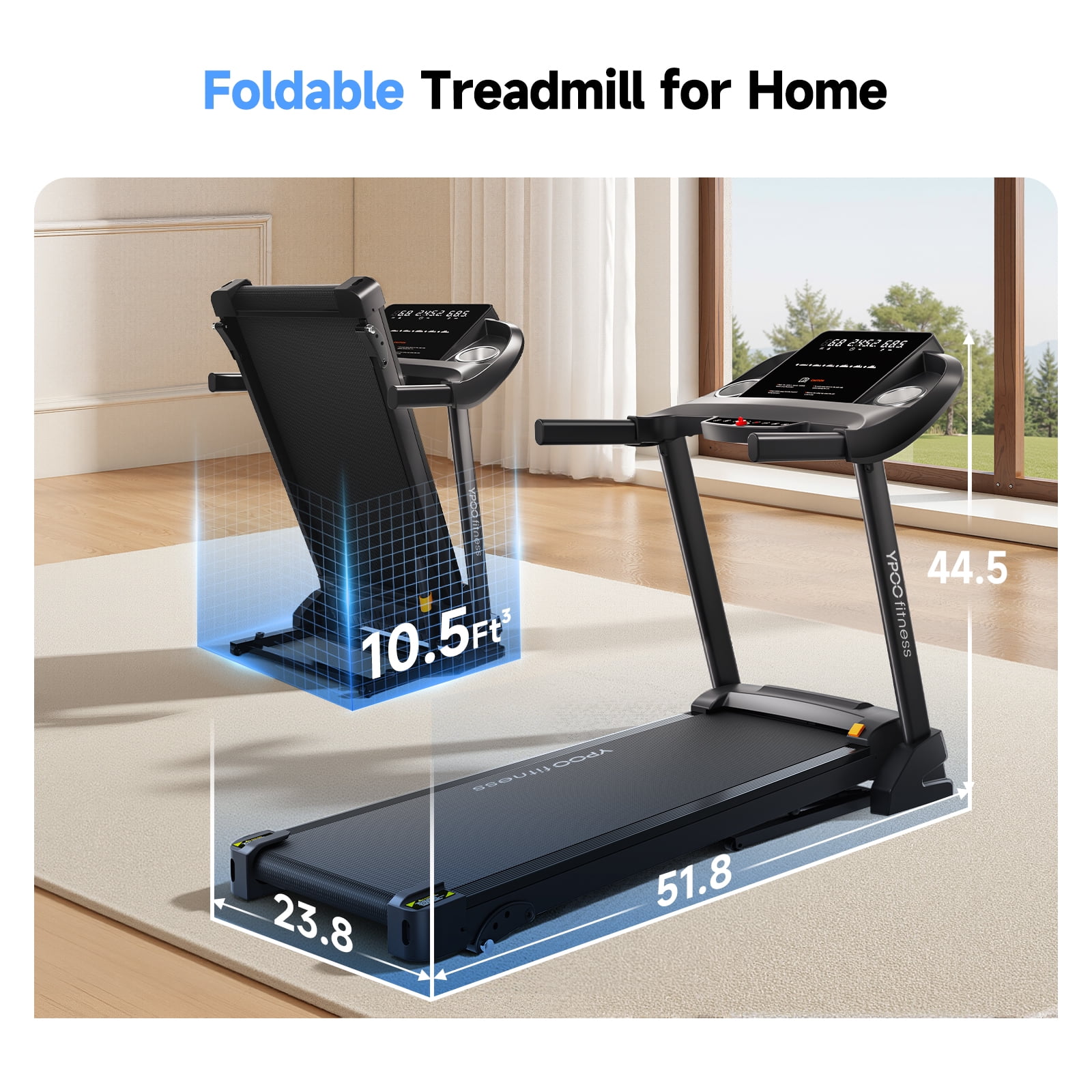 YPOO Portable Folding Treadmill for Home/Office, Electric Running & Walking Pad with Incline, 300 lb Capacity, App Control, Bluetooth Speakers, Exercise Machine