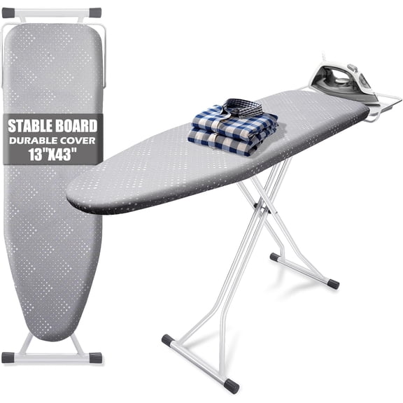 Ironing Board 13"x43",Compact Ironing Board with Iron Rest,Folding Iron Board for Small Space,Heat Scorch Resistant Cover,Sturdy Metal Frame,7 Adjustable Height,Standing Ironing Table,Grey