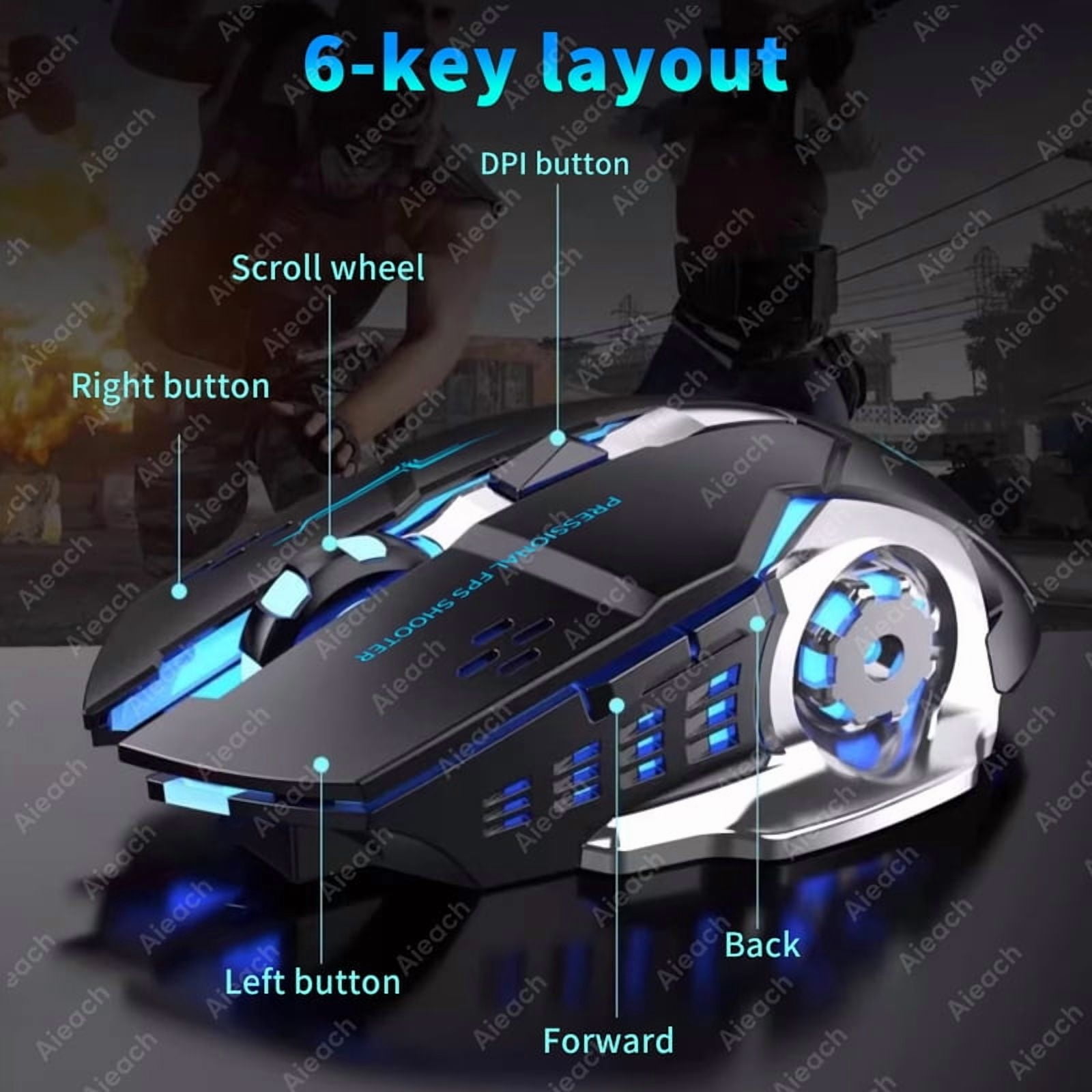 Dual-Mode Wireless Mouse, 2.4G/Bluetooth Electroplating Mechanical for MacBook Pro/Surface Pro, 2000DPI Backlit Rechargeable