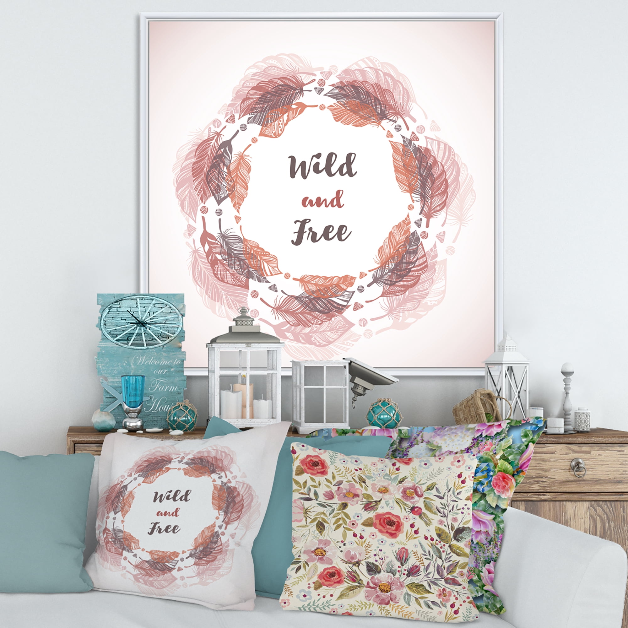 Designart 'Wild and Free Feather Wreath In Boho Style' Bohemian & Eclectic Framed Canvas Wall Art Print