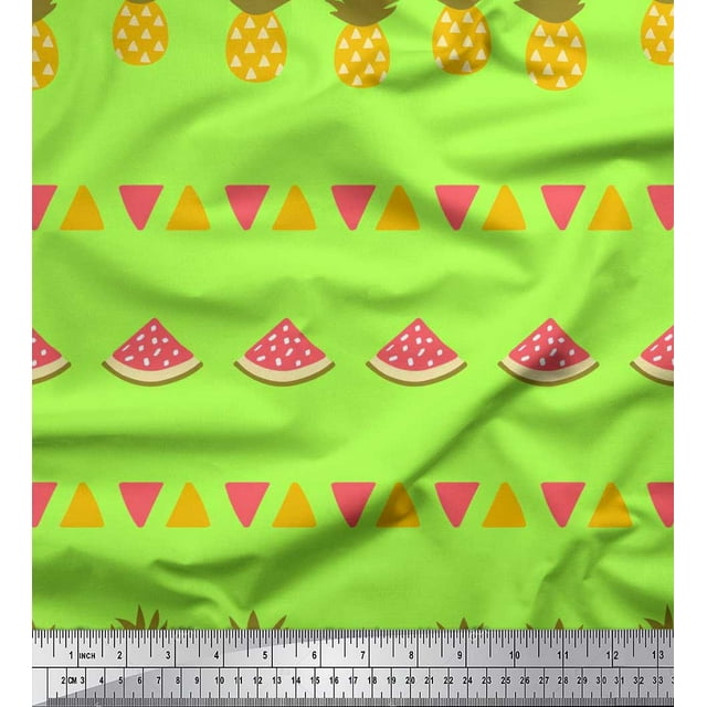 Soimoi Green polyester Crepe Fabric Triangle,Pine & Watermelon Fruits Printed Craft Fabric by the Yard 52 Inch Wide