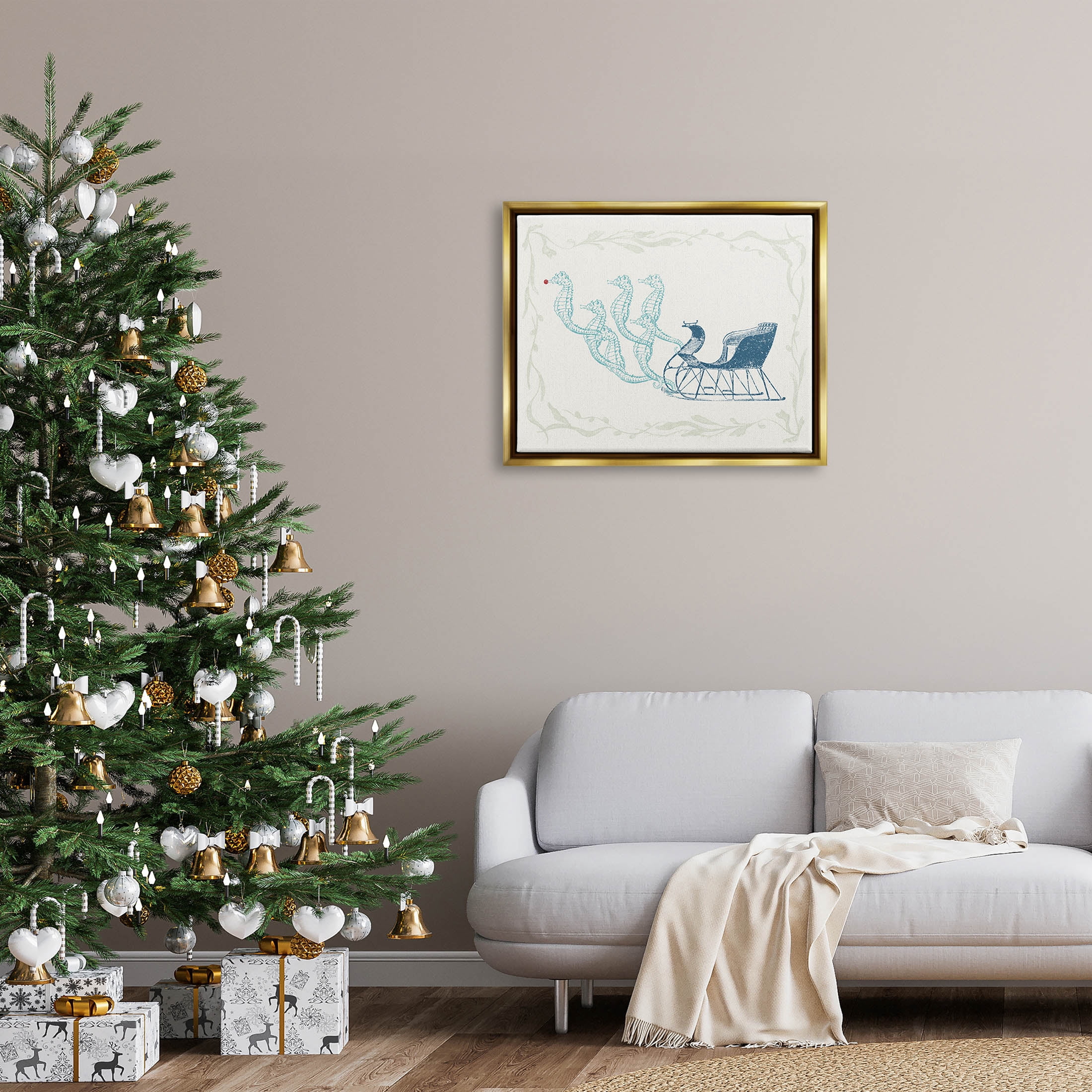 Seahorse Santa Sled Nautical Christmas Holiday Graphic Art Metallic Gold Framed Art Print Wall Art