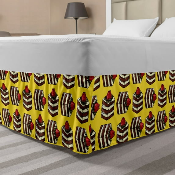 Dessert Bed Skirt, Graphic Pattern of Cake Slices with Strawberries on Top Creamy Tasty Foods, Elastic Bedskirt Dust Ruffle Wrap Around for Bedding Decor, 4 Sizes, Yellow Multicolor, by Ambesonne