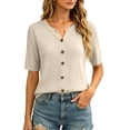 thumbnail image 3 of dazeni Women's Short Sleeve Sweater Lightweight Knit Button Down Cardigan Jackets Summer Casual Open Front Cardigans Clothes Beige, 3 of 5