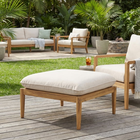 Christopher Knight Home 30" Outdoor Acacia Wood Ottoman, Light Teak Finish Patio Footrest with Beige Cushion