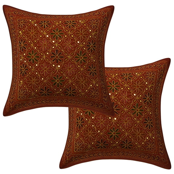 Stylo Culture Indian Chair Seat Throw Pillow Covers 16 x 16 Sequins Gold Zari Embroidered Rust Ethnic 40cm x 40cm Home Decor Cotton Floral Square Cushion Covers | Set Of 2