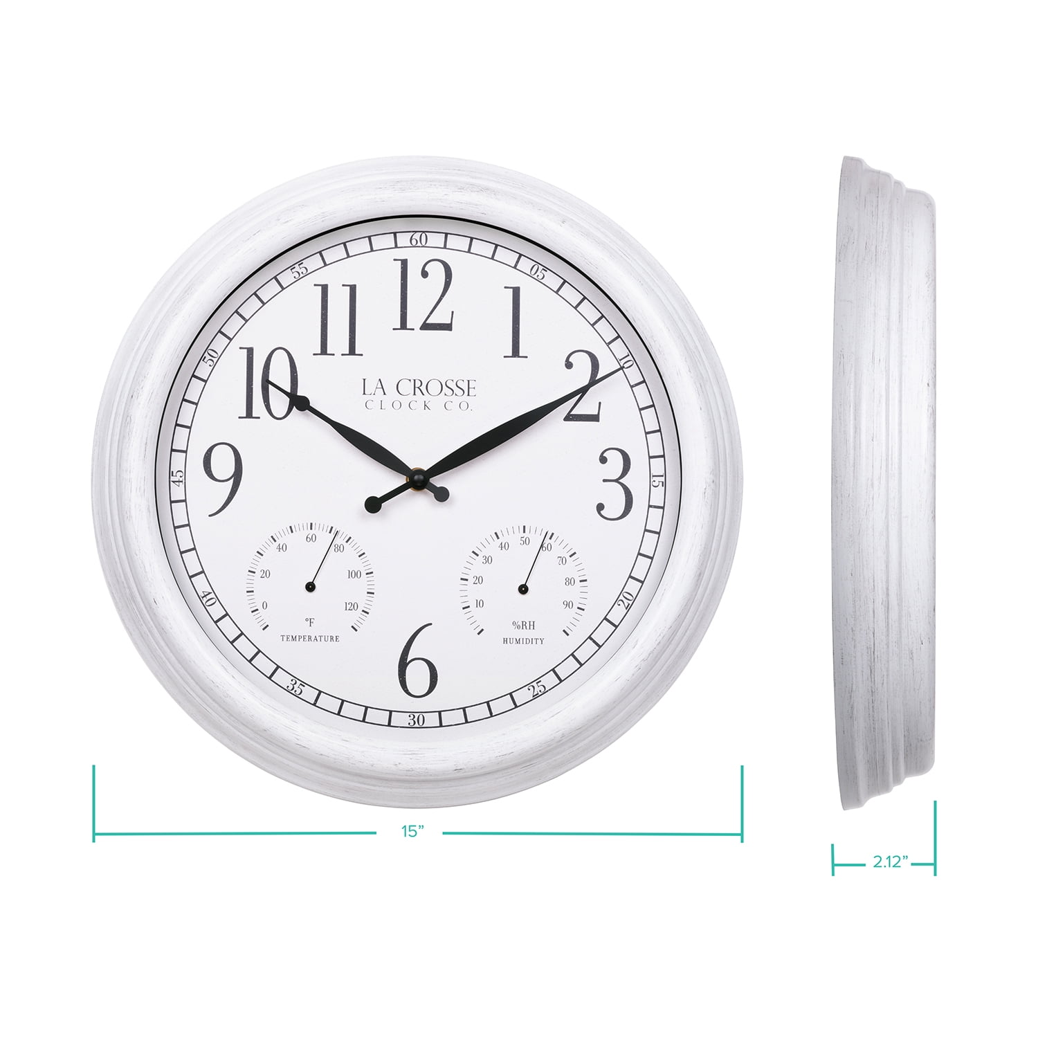 La Crosse Clock 15" Indoor/Outdoor Quartz Payton White Wall Clock with Temp & Humidity, 404-3015CC