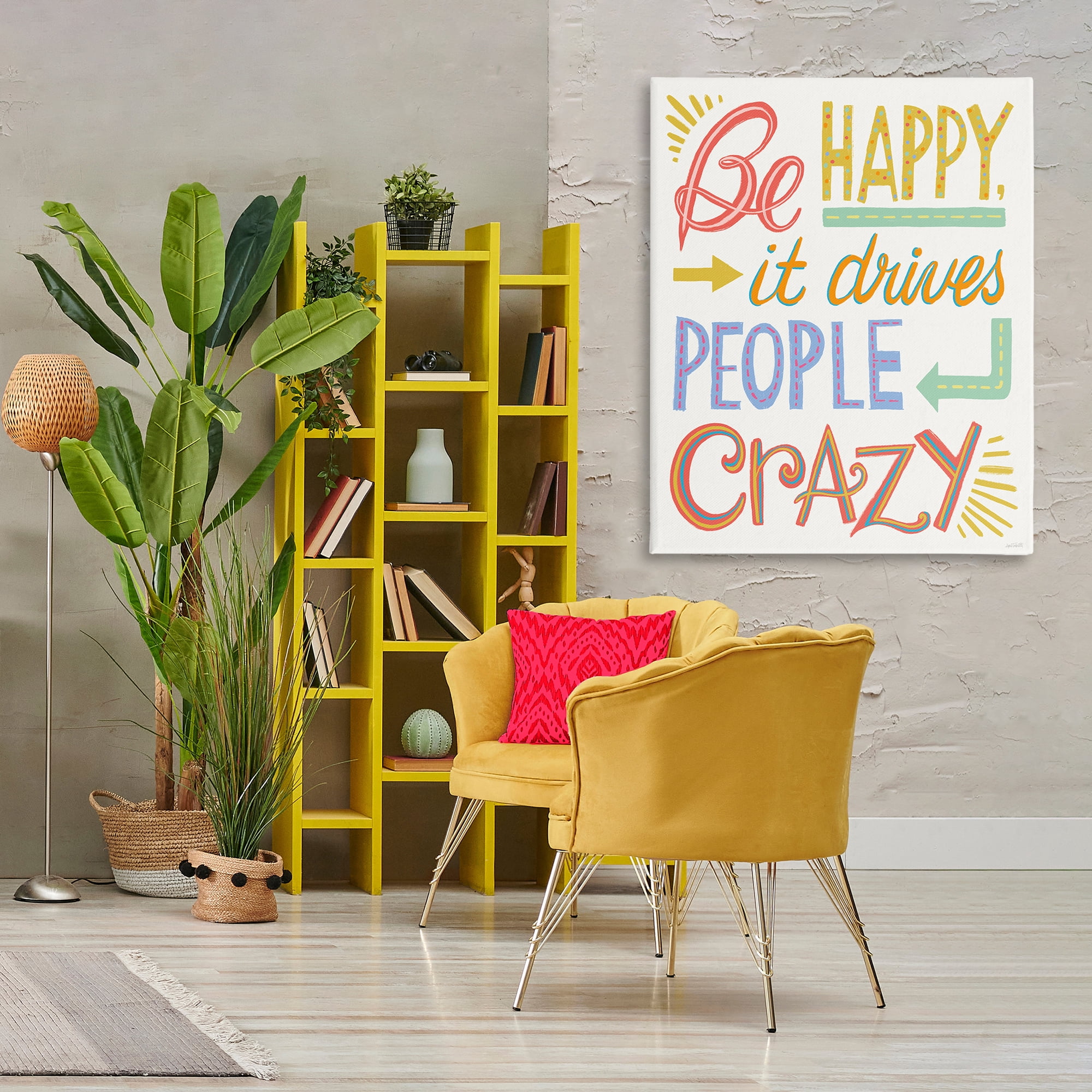 Stupell Industries Bright Be Happy Phrase Typography Painting Gallery Wrapped Canvas Art Print Wall Art, 36 x 48