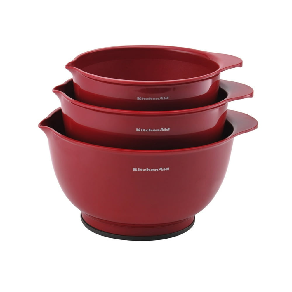 Kitchenaid BPAFree Plastic Set of 3 Mixing Bowls with Soft Foot in Red