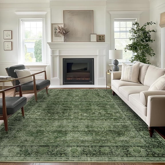 6 ft x 9 ft Green Vintage Distressed Low Pile Non-Slip Washable Area Rug