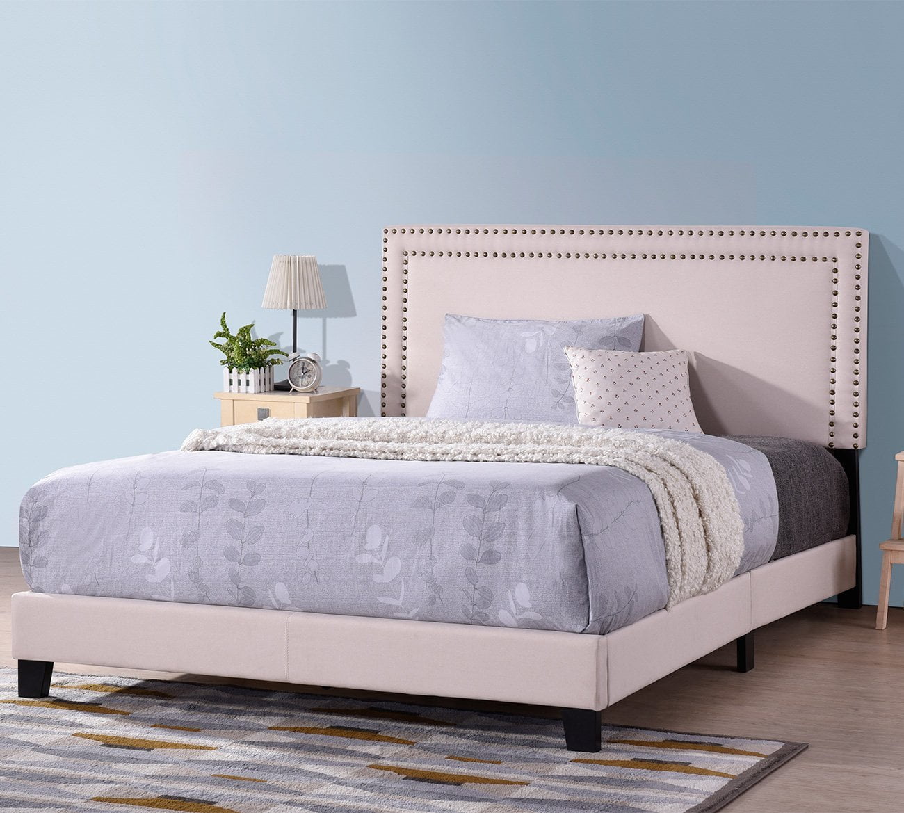 Harper Bright Designs Milan Upholstered Platform Bed With Wooden Slats And Nailhead Detail Full