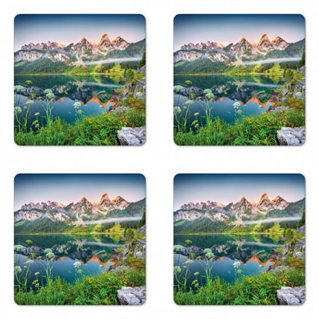 

Nature Coaster Set of 4 Misty Summer Morning on Austrian Alps Mountain Range with Lake Wanderlust Landscape Square Hardboard Gloss Coasters Standard Size Green Blue by Ambesonne