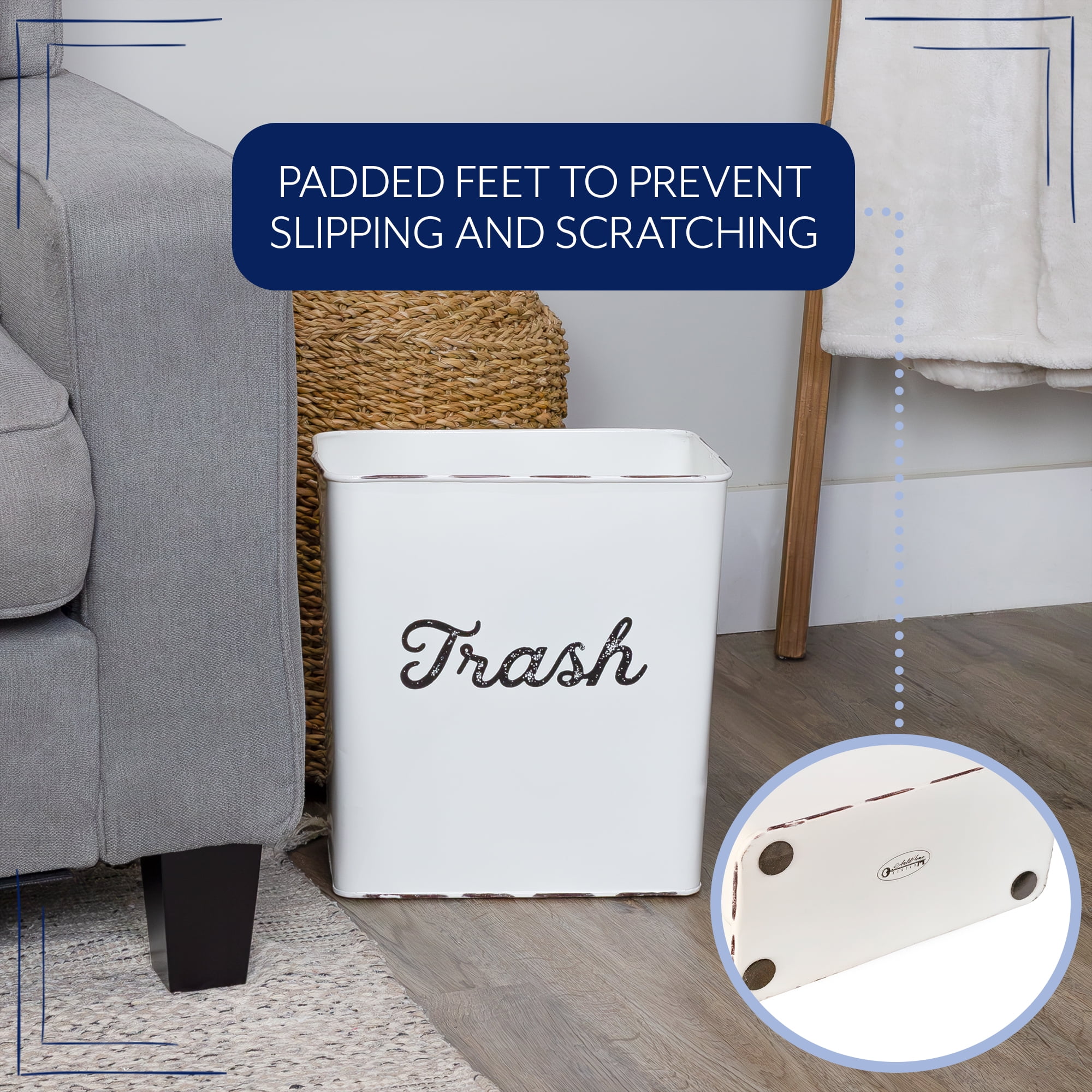 AuldHome Design White Enamel Trash Can, Rustic Farmhouse Wastebasket for Bathroom, Bedroom, or Office