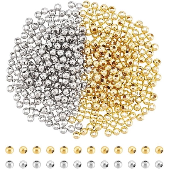 200pcs Round Spacer Beads 4mm 18K Gold Plated Beads 2 Colors Small Seamless Beads Smooth Loose Beads 1.5mm Hole Metal Ball Tiny Beads for Bracelet Chain Layered Satellite Jewelry Making Golden