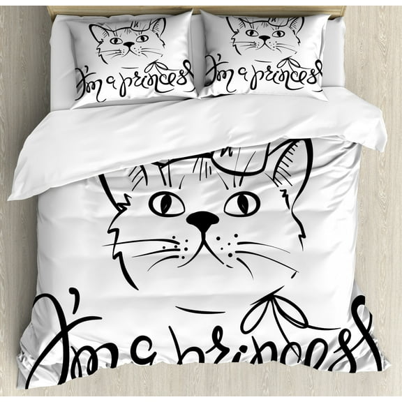Princess Duvet Cover Set King Size, I am a Princess Calligraphy Funny Cat with a Royal Crown Outline Drawing, Decorative 3 Piece Bedding Set with 2 Pillow Shams, Charcoal Grey White, by Ambesonne