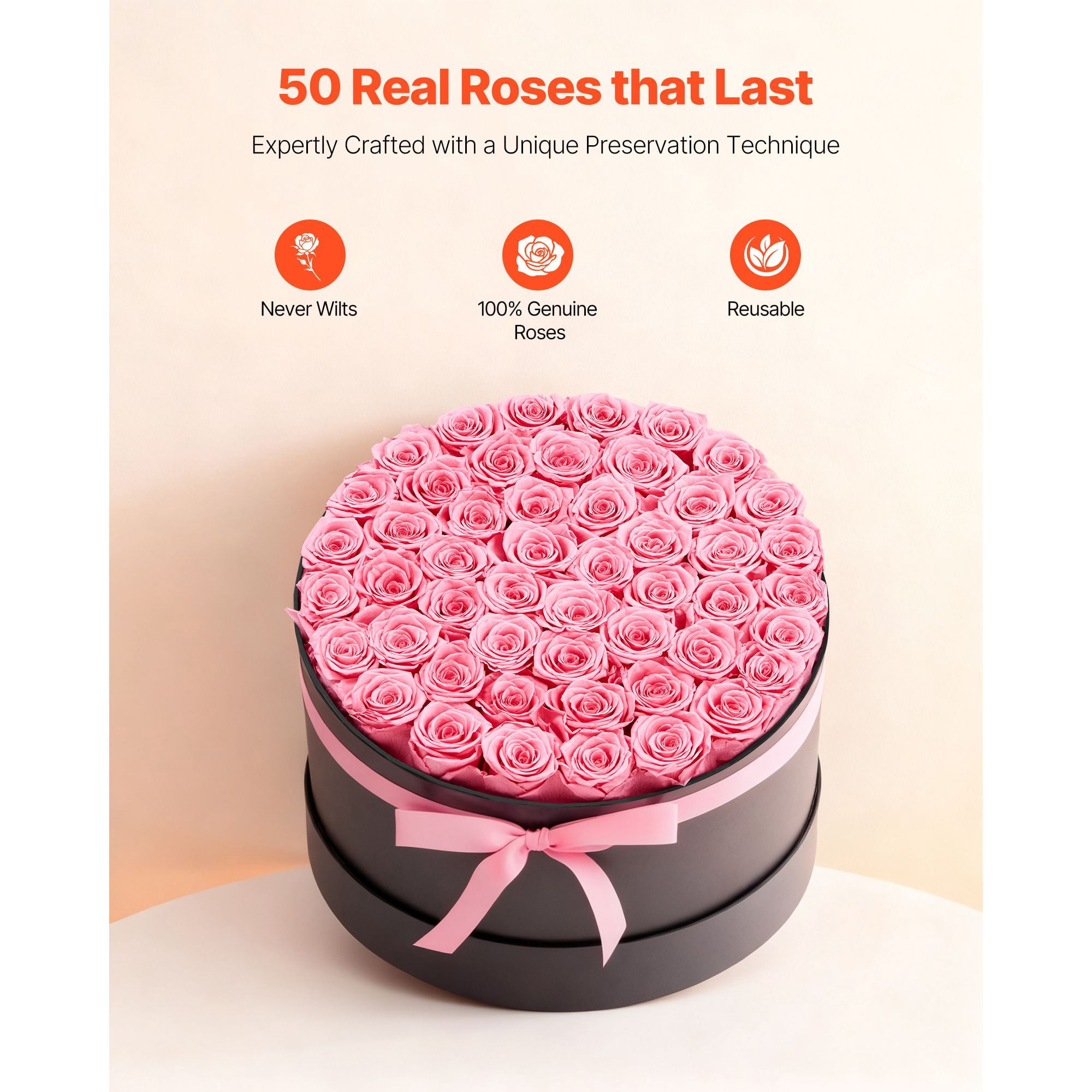 Preserved Roses 50 Real Roses in Round Box Lasts Up to 3 Years No Watering Needed Light Rose Fragrance Clear Top for Decor