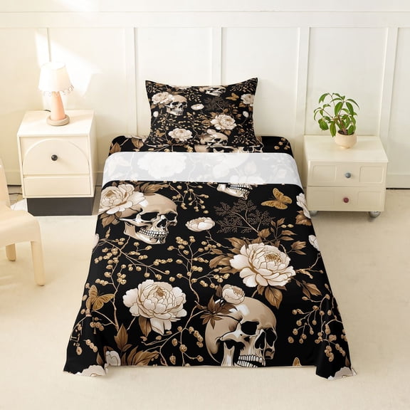 Homewish Gothic Halloween Skull Twin Sheets,Vintage Baroque Floral Bedding,Black Golden,3-Piece,1 Fitted Sheet and 1 Pillowcase