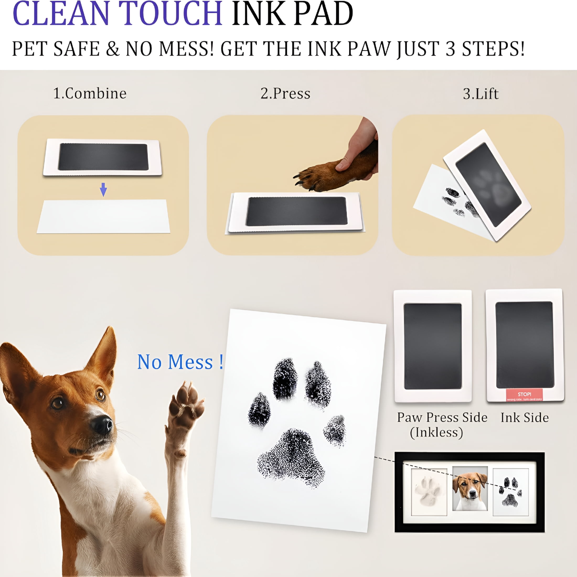 CCOCC Paw Print Frame Kit,Dog/Cat Paw Print Kit,Soft Pawprint Clay&Clean Touch Ink Pad,Pet Paw Print Impression Kit with Customization Tool,Wooden Pet Memorial Frame,Diy Dog Lover Gifts