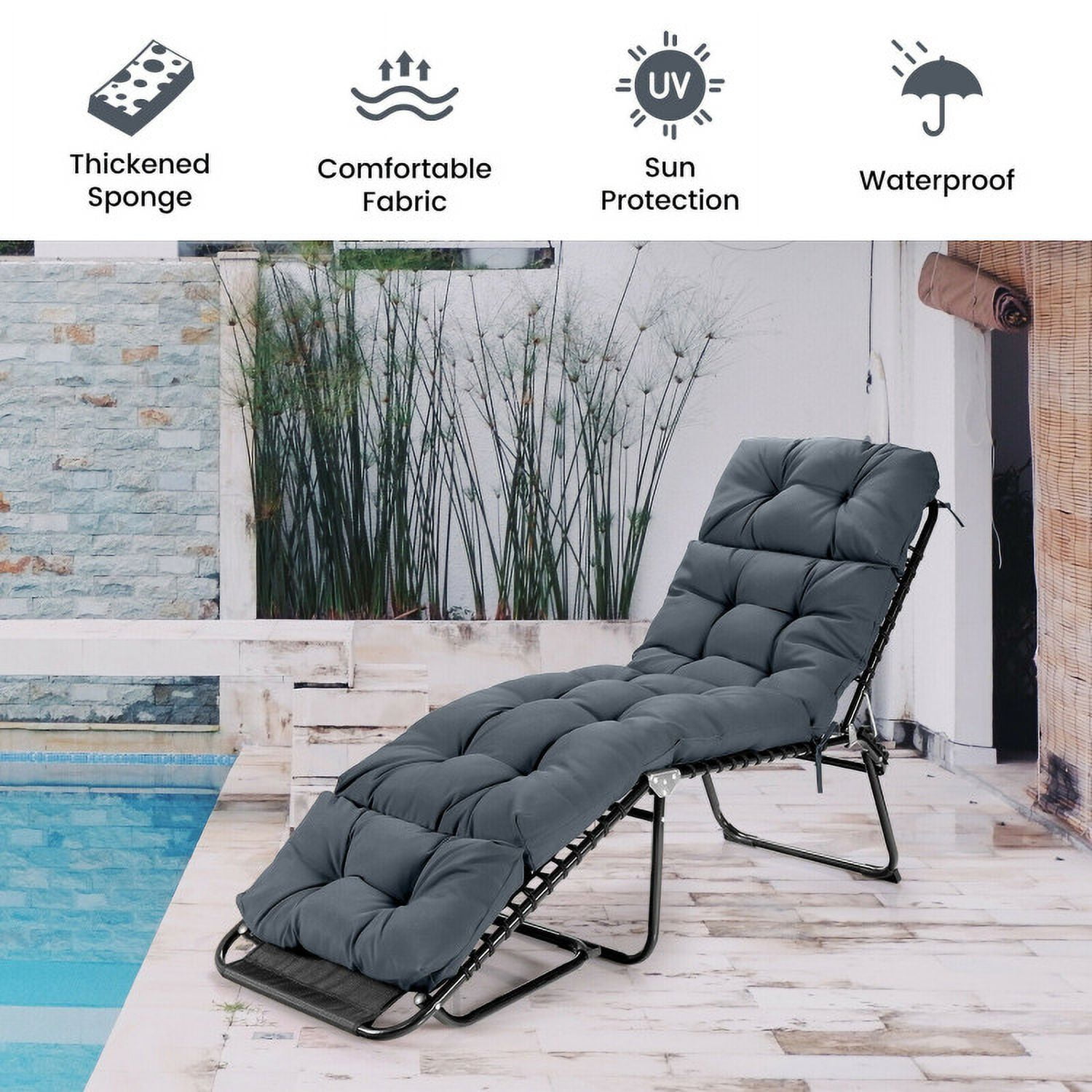 Aimee Lii Outdoor Lounge Chaise Cushion with String Ties for Garden Poolside, Gray