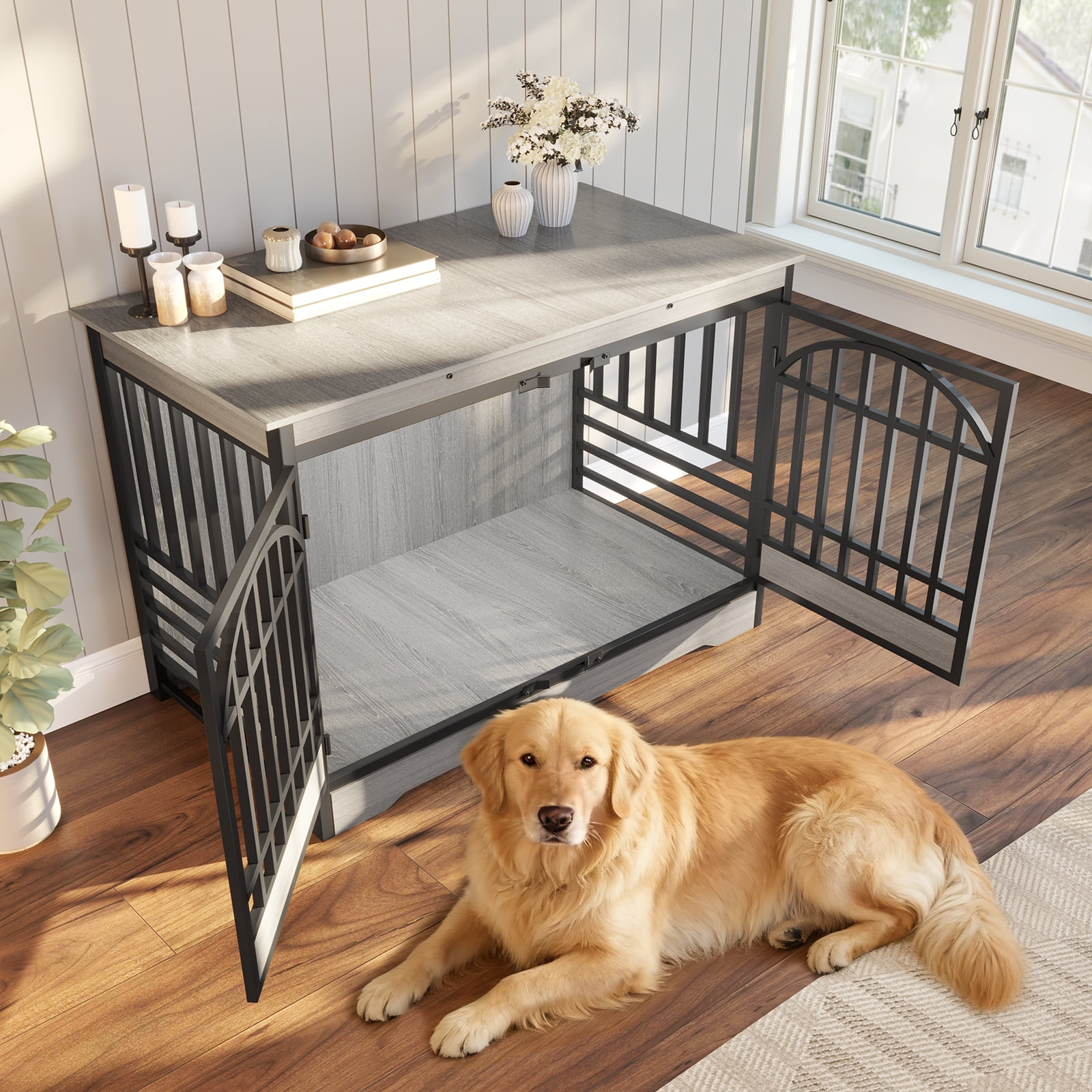 52 Inch Dog Crate Furniture, XL Indoor Dog Kennel for Extra Large Breeds, Heavy Duty Wooden Dog Cage with Double Arched Doors, TV Stand & End Table, Gray