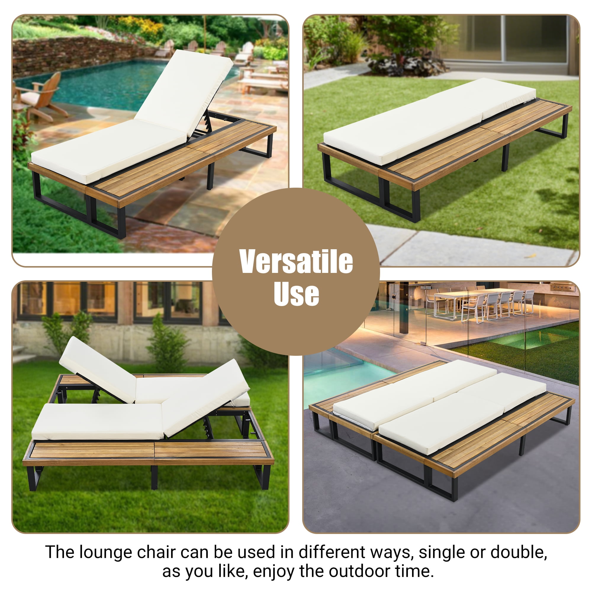 Euroco Outdoor Chaise Lounge Chair Set of 2 with 5-Position Adjustable Backrest , Reclinings with Cushions, Patio Loungers with Wood Side Table, Sturdy Frame