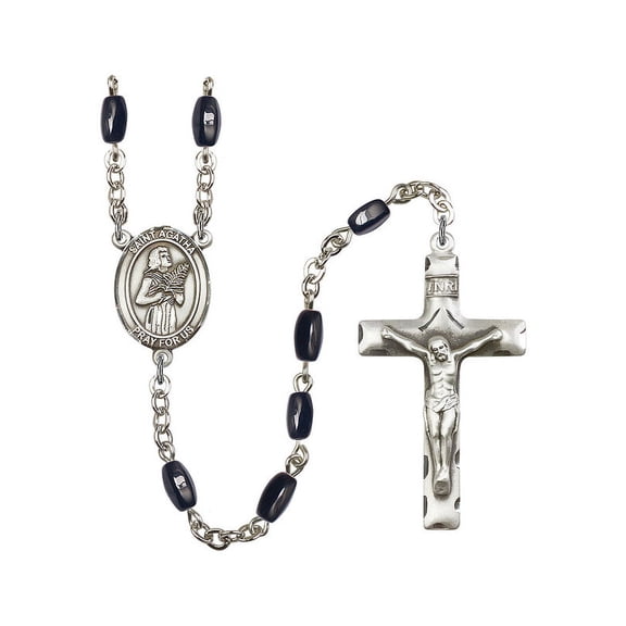 St. Agatha Silver-Plated Rosary 8x5mm Black Onyx Beads Crucifix Size 1 3/4 x 1 medal charm