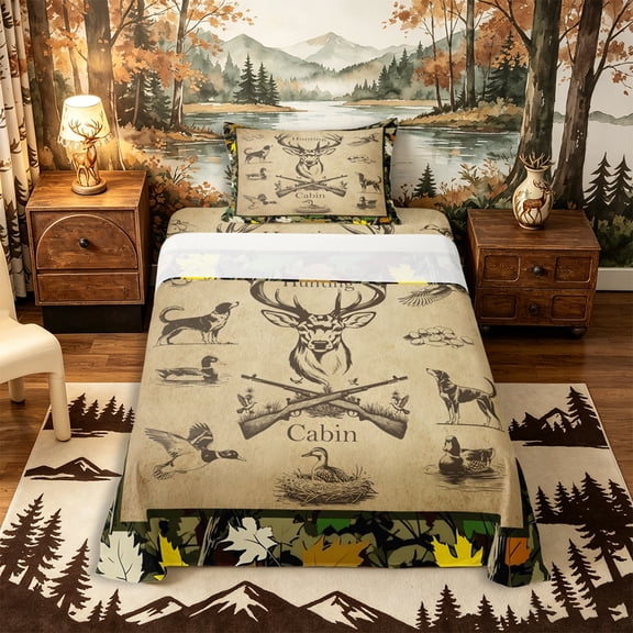 Castle Fairy Vintage Hunting Cabin Deer Twin Sheets 3pcs for Teens,Rustic Hunting Dog Duck Bedding,Khaki Camo Green,1 Fitted Sheet, 1 Flat Sheet and 1 Pillowcase