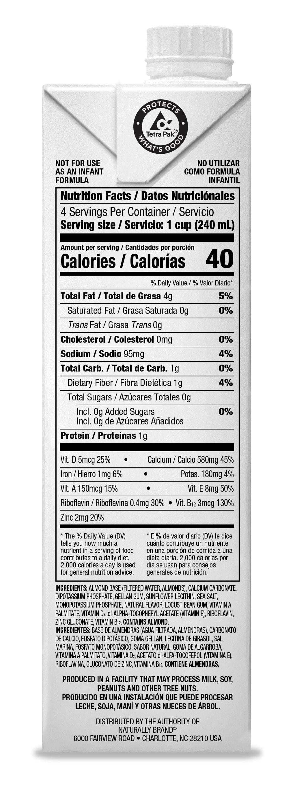 Naturally Brand Almond Milk Original, Unsweetened, 32 fl oz Carton