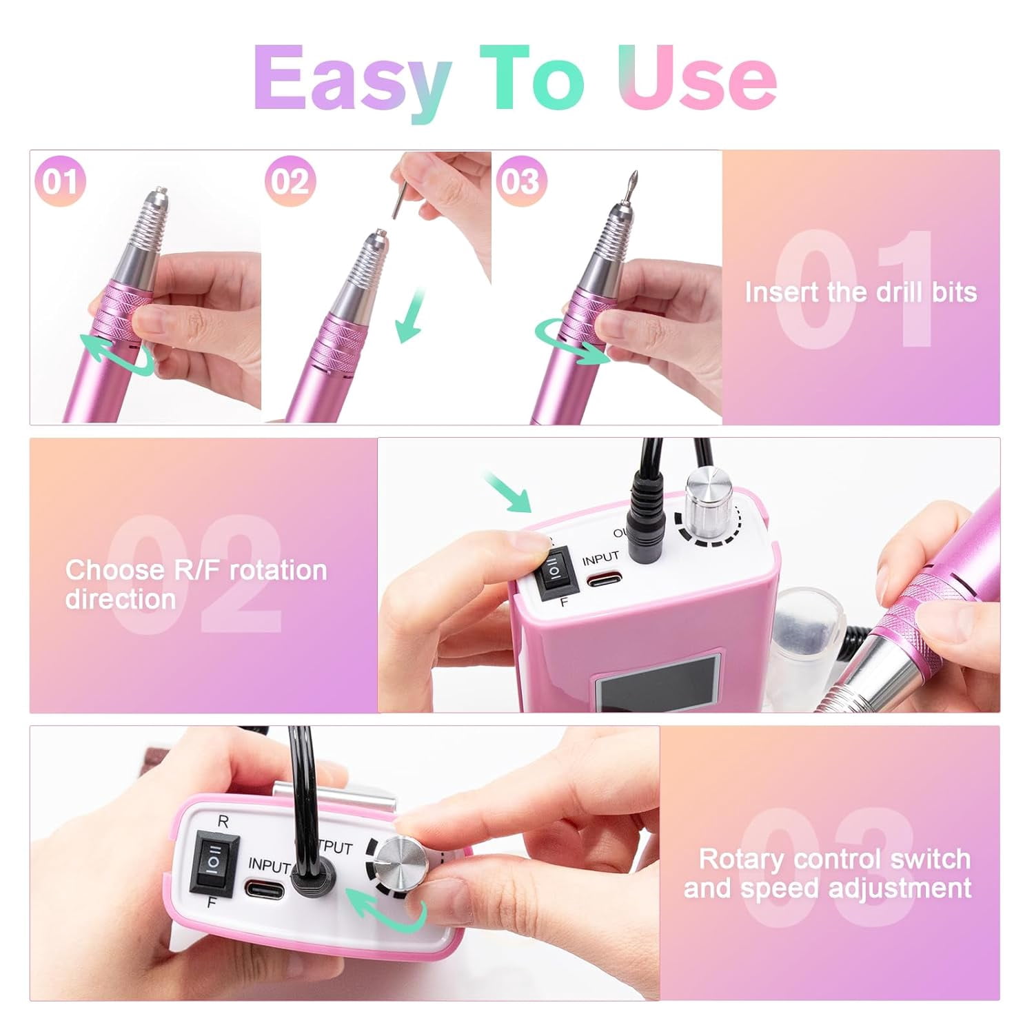 COSITTE 45,000 RPM Portable Electric Nail Drills, LCD Display, Acrylic and Gel Remover, Hand and Foot Care - Pink