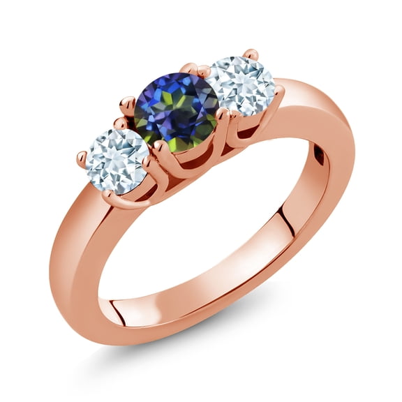Gem Stone King 1.00 Ct Blue Mystic Topaz Sky Blue Aquamarine 18K Rose Gold Plated Silver Classic 3-Stone Ring for Women (Size 9)
