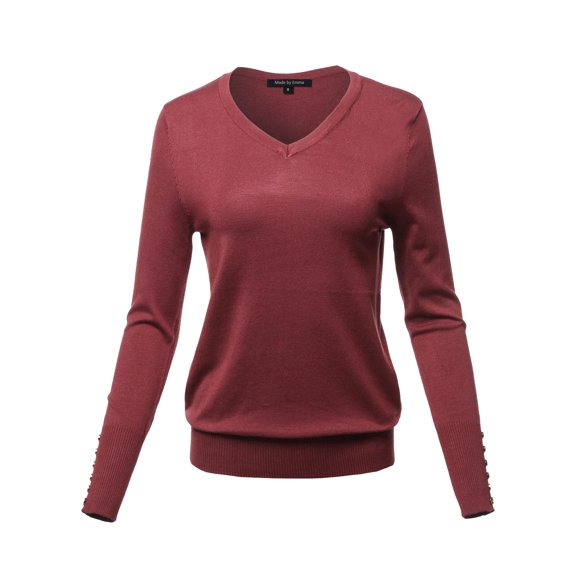 FashionOutfit Women's Casual Quality With Gold Button Stretchy V-neck Sweater Top