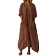 thumbnail image 2 of QUNYINEY Cotton Linen Women's Dresses 3/4 Sleeve Solid Long Spring A Line Dress Casual Loose Fit V Neck Flowy with Pockets Dresses, 2 of 7