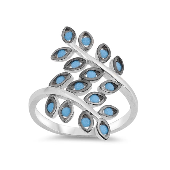 Simulated Turquoise Fern Leaves Ring Two Tone Sterling Silver