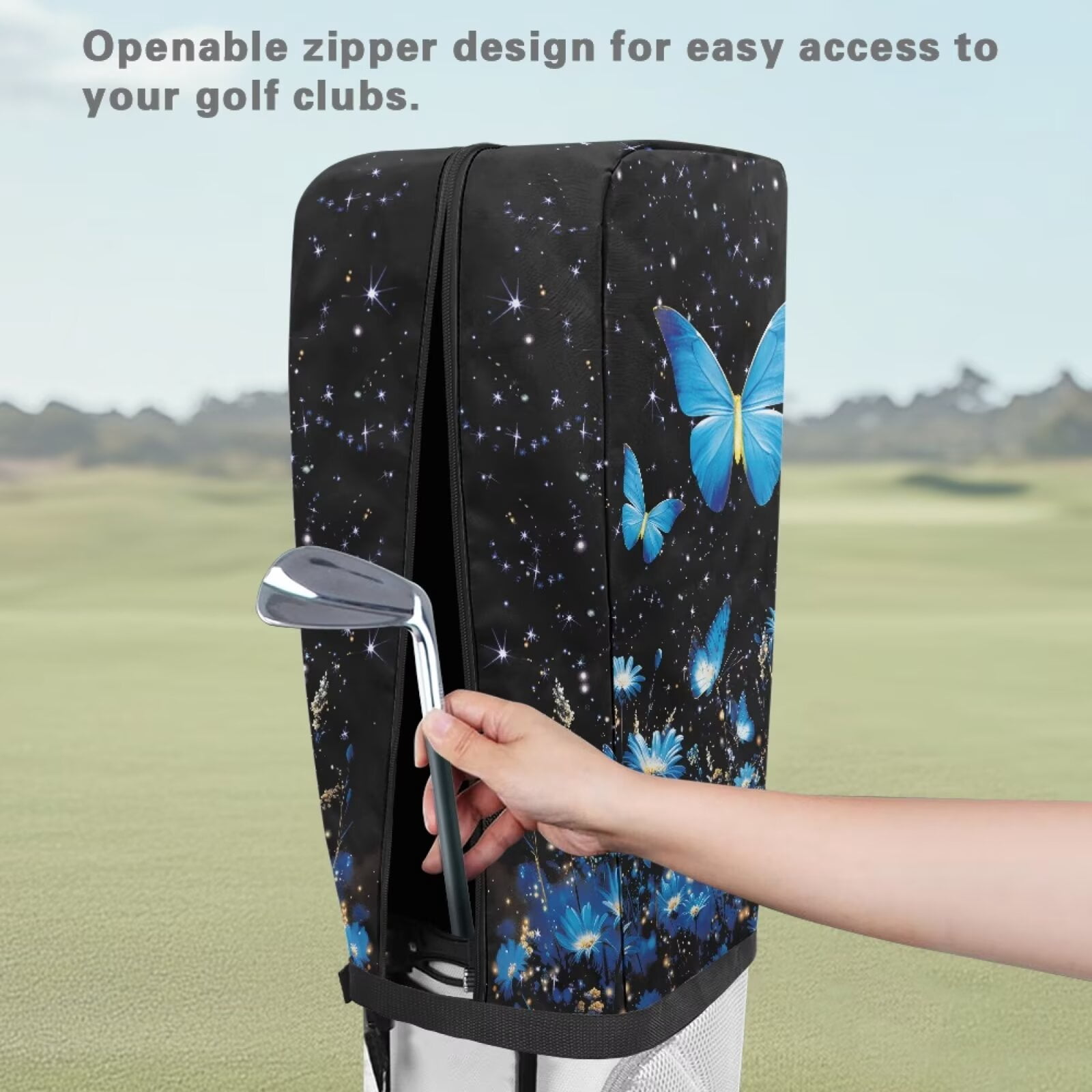 Chririnla Blue Butterfly Floral Golf Bag Rain Cover Waterproof Hood with Snap Button Dust Cover for Clubs Universal Fit for Stand Bags, Cart Bags & Tour Bags