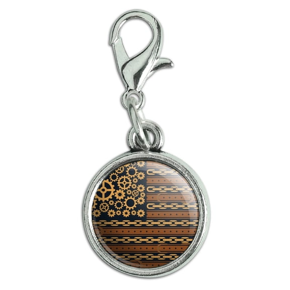 Steampunk American Flag with Gears Belts Chains Antiqued Bracelet Pendant Zipper Pull Charm with Lobster Clasp