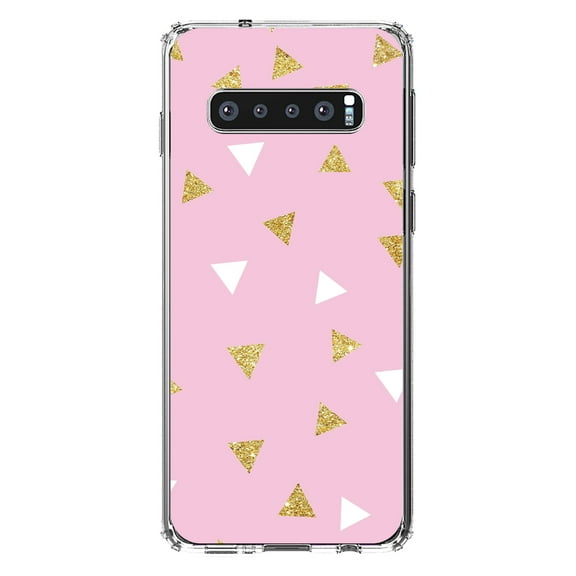 DistinctInk Clear Shockproof Hybrid Case for Samsung Galaxy S10 (6.1" Screen) - TPU Bumper, Acrylic Back, Tempered Glass Screen Protector - Pink & Gold Print - Triangles Pattern