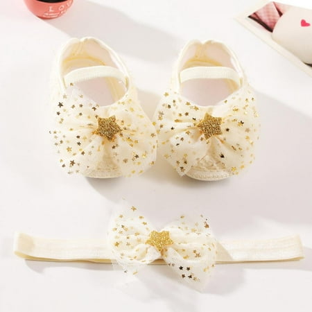 

Baby Girls Mary Jane Shoes with Bowknot Headband Toddler Soft Sole Princess Shoes Yarn Bowknot Crib Shoes First Walker Infant Cute Girls Wedding Dress Shoes Flower Girl Flats Twinkle Star Beige 0-18M