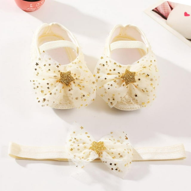 Baby Girls Mary Jane Shoes with Bowknot Headband,Toddler Soft Sole Princess Shoes Yarn Bowknot Crib Shoes First Walker Infant Cute Girls Wedding Dress Shoes Flower Girl Flats Twinkle Star,Beige 0-18M