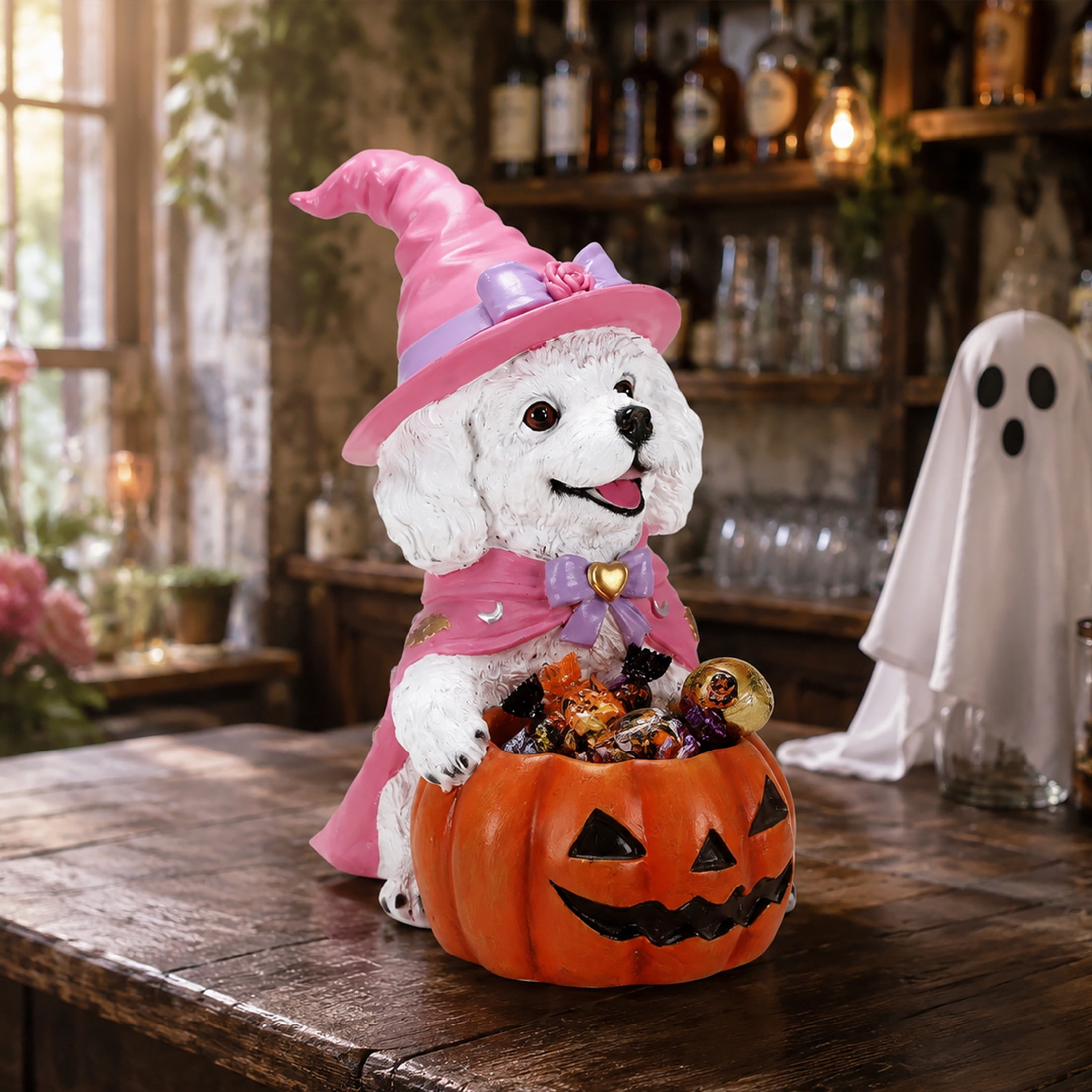 Noble House Halloween Teddy Dog Witch Puppy Figurine with Pumpkin Candy Bowl, Decorative Statue, White