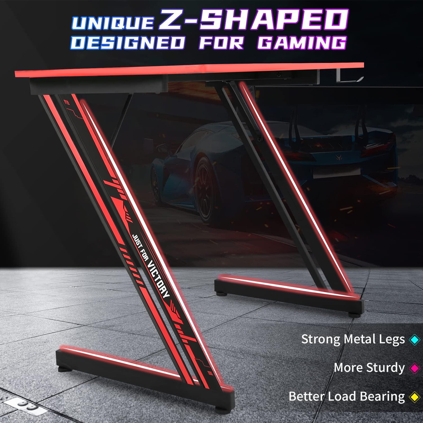 NiamVelo 47 inch Gaming Desk, Z-Shaped PC Computer Table Ergonomic Gamer Workstation with Headphone Hook for Home Office, Red
