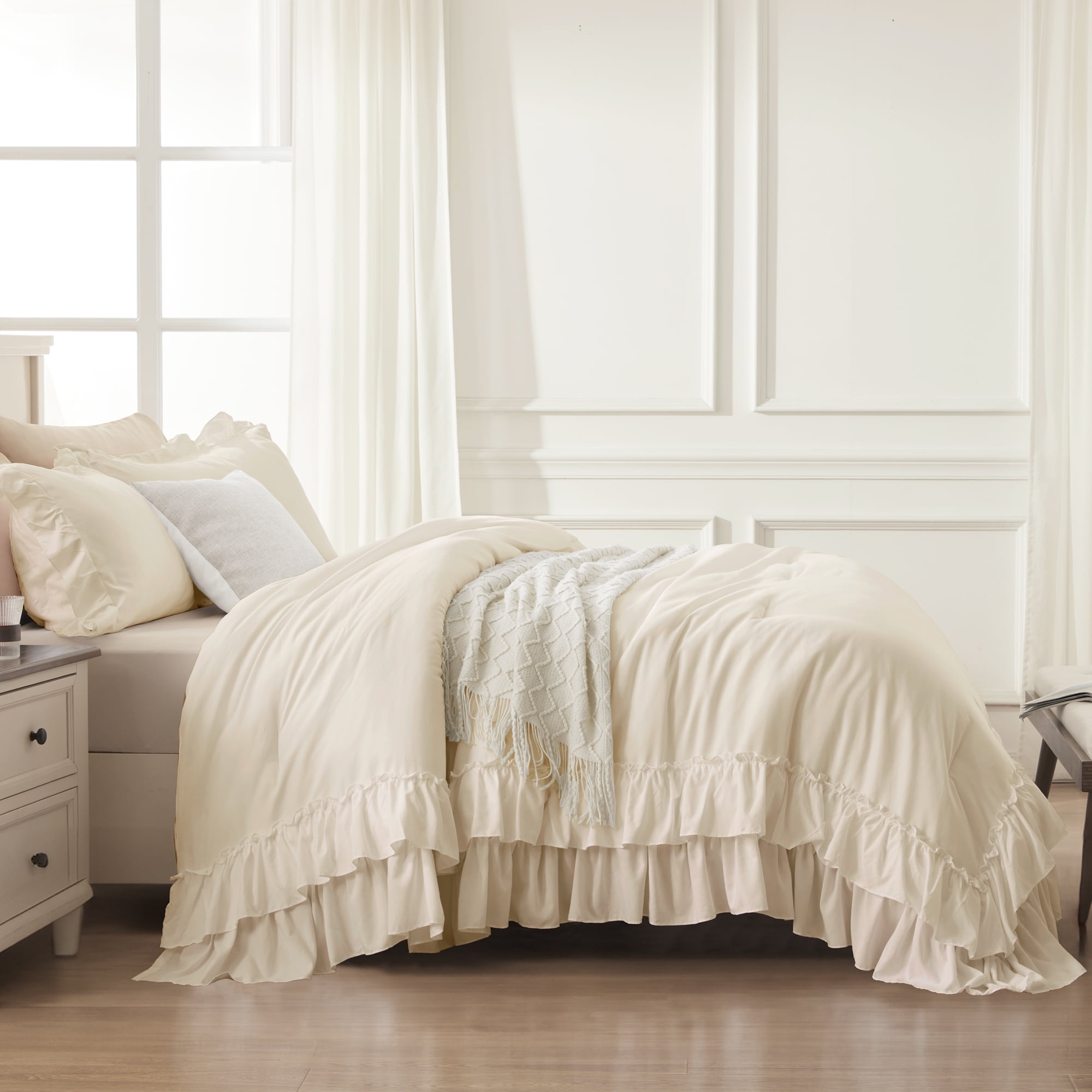ANGENIA Full Size Comforter Set Beige - 3 Pieces Soft Cozy Fluffy Cream Ruffle Bedding Comforter Sets, All Season Lightweight Farmhouse Down Alternative Bed Set for Girls Teens Boys Kids
